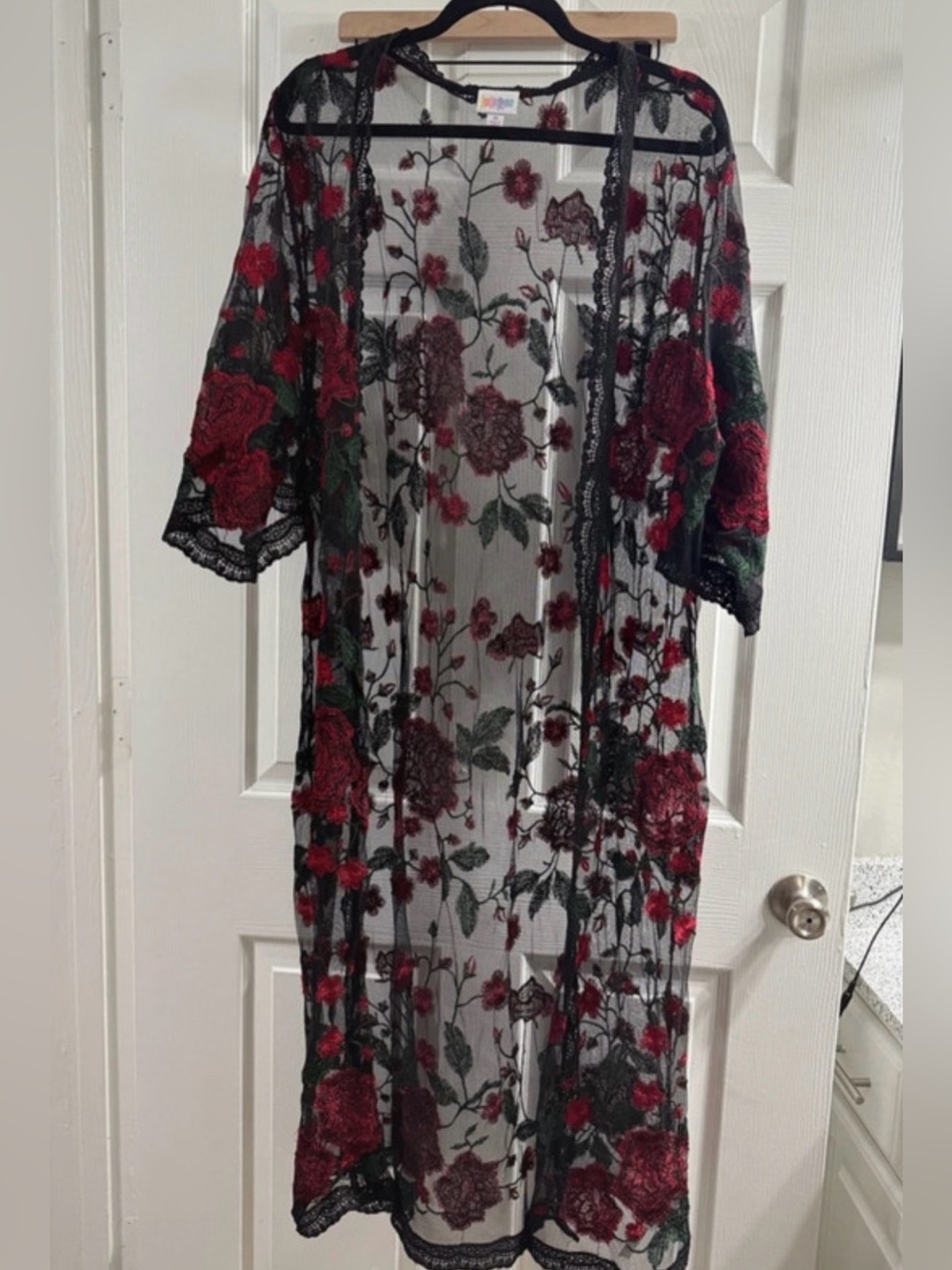 LuLaRoe Sheer Black Kimono Robe with Red Floral Embroidery
